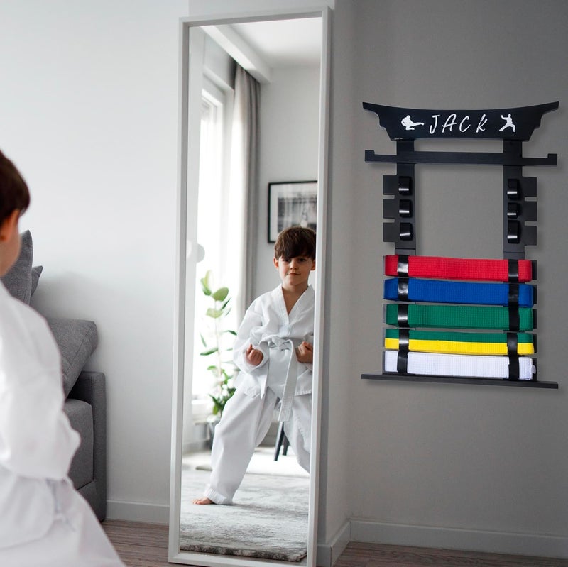 humberboat Wall Karate Belt Display Rack with Medal Hanger and Stickers, Martial Arts Belt Display Holder, 8 Belt Taekwondo Belt Belt Display Hanging Holder for Kids and Adults-Brown - Image 4